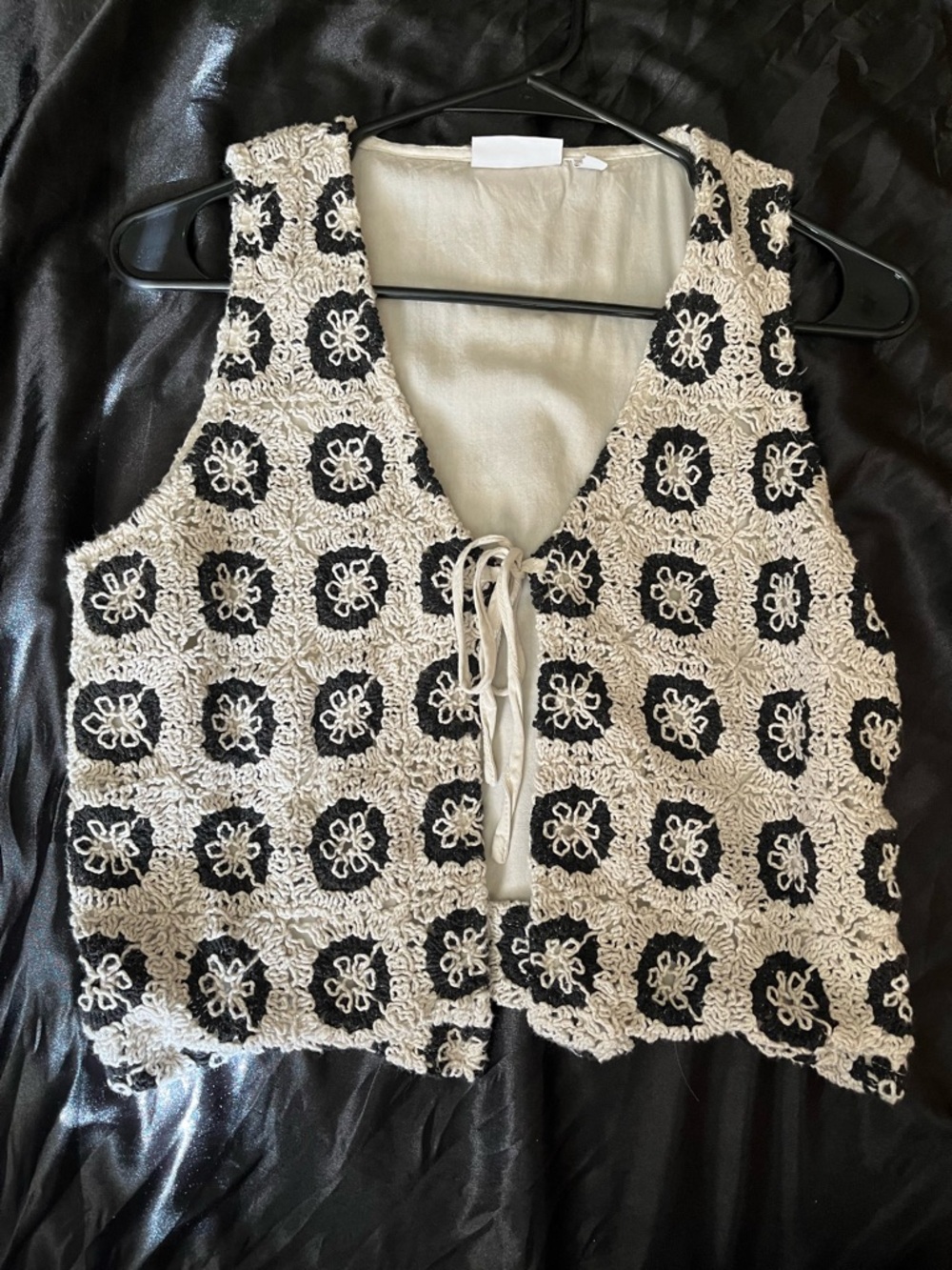 Handmade Cream & Black Crochet Tie-Front Tank Top